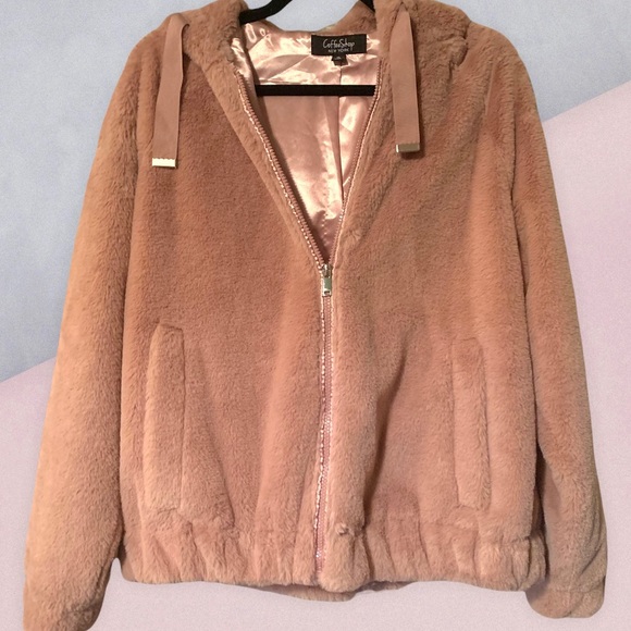 COFEE SHOP New York Pink Soft Feux Fur Silk Interior Hooded Dress Jacket Size XL - Picture 3 of 11